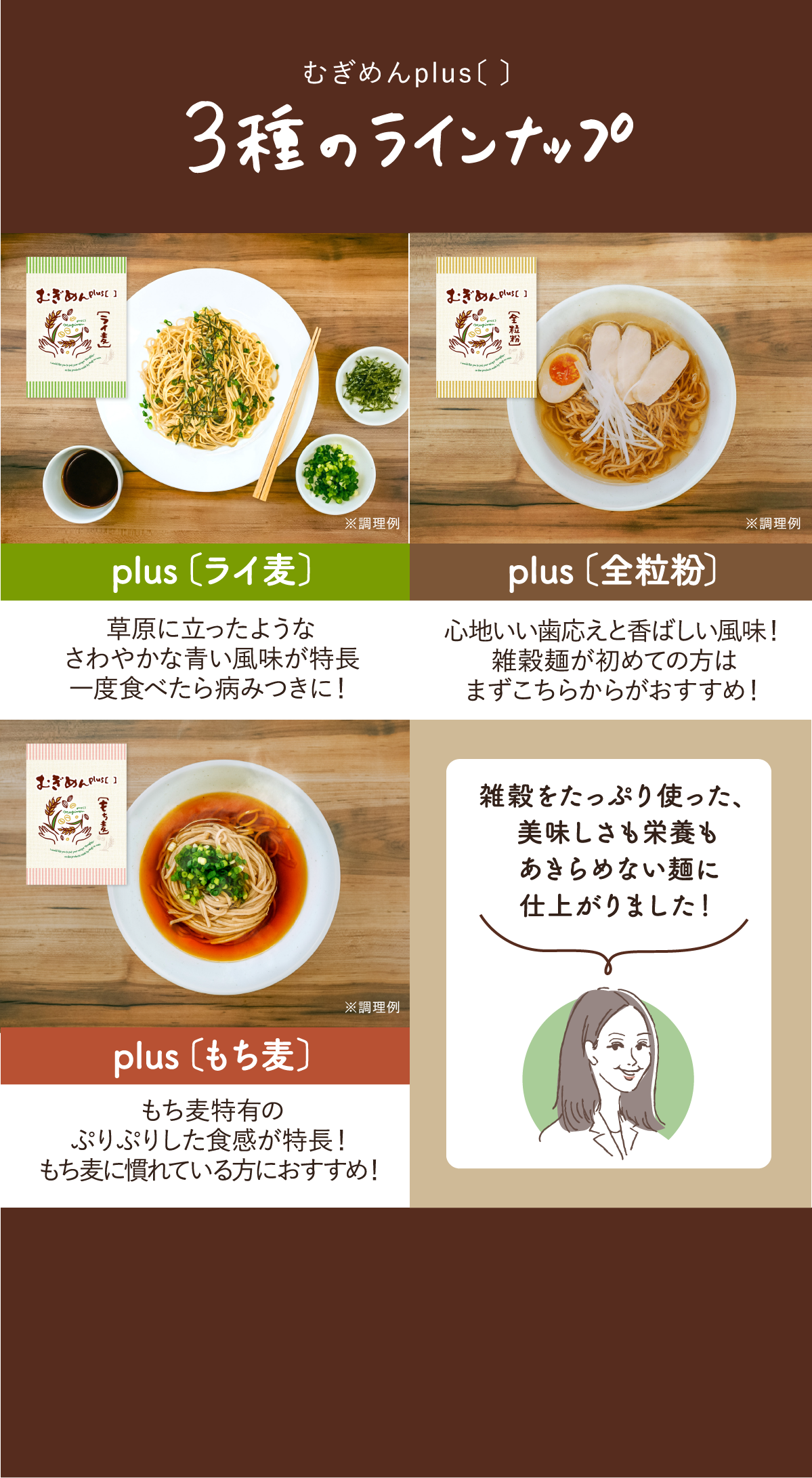 むぎめんplus〔 〕 3種類のラインナップ、plus〔ライ麦〕、plus〔全粒粉〕、plus〔もち麦〕
