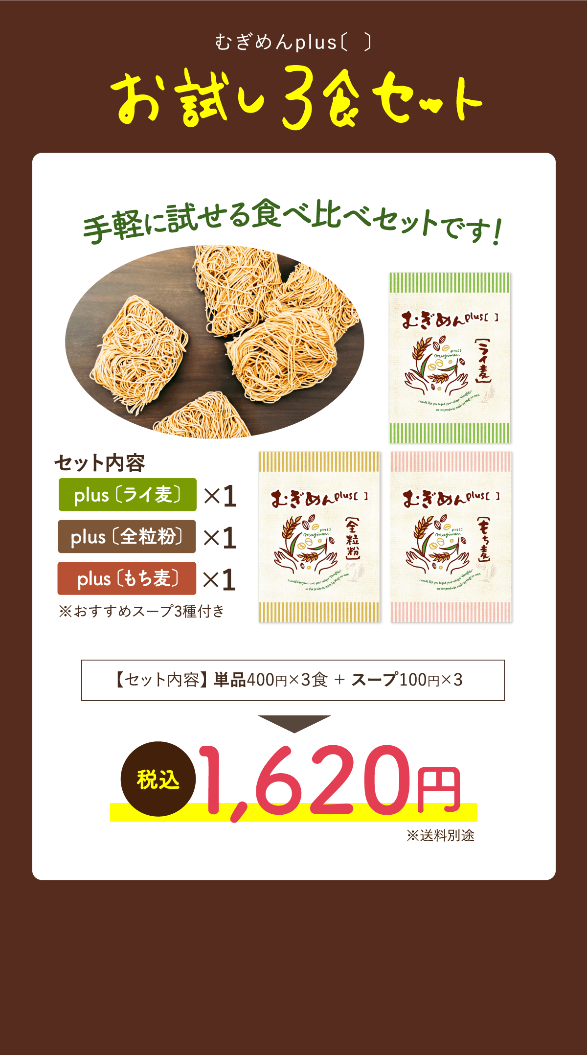 【お試し3食セット（plus〔ライ麦〕、plus〔全粒粉〕、plus〔もち麦〕各1つ、おすすめスープ3種付き）】1,620円（税込）※送料別途